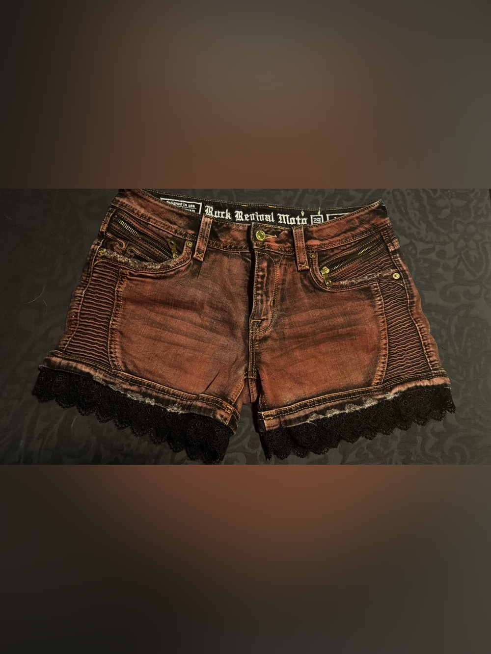 Rock Revival Moto Janne Burgundy Shorts Womens 29 Lace Trim